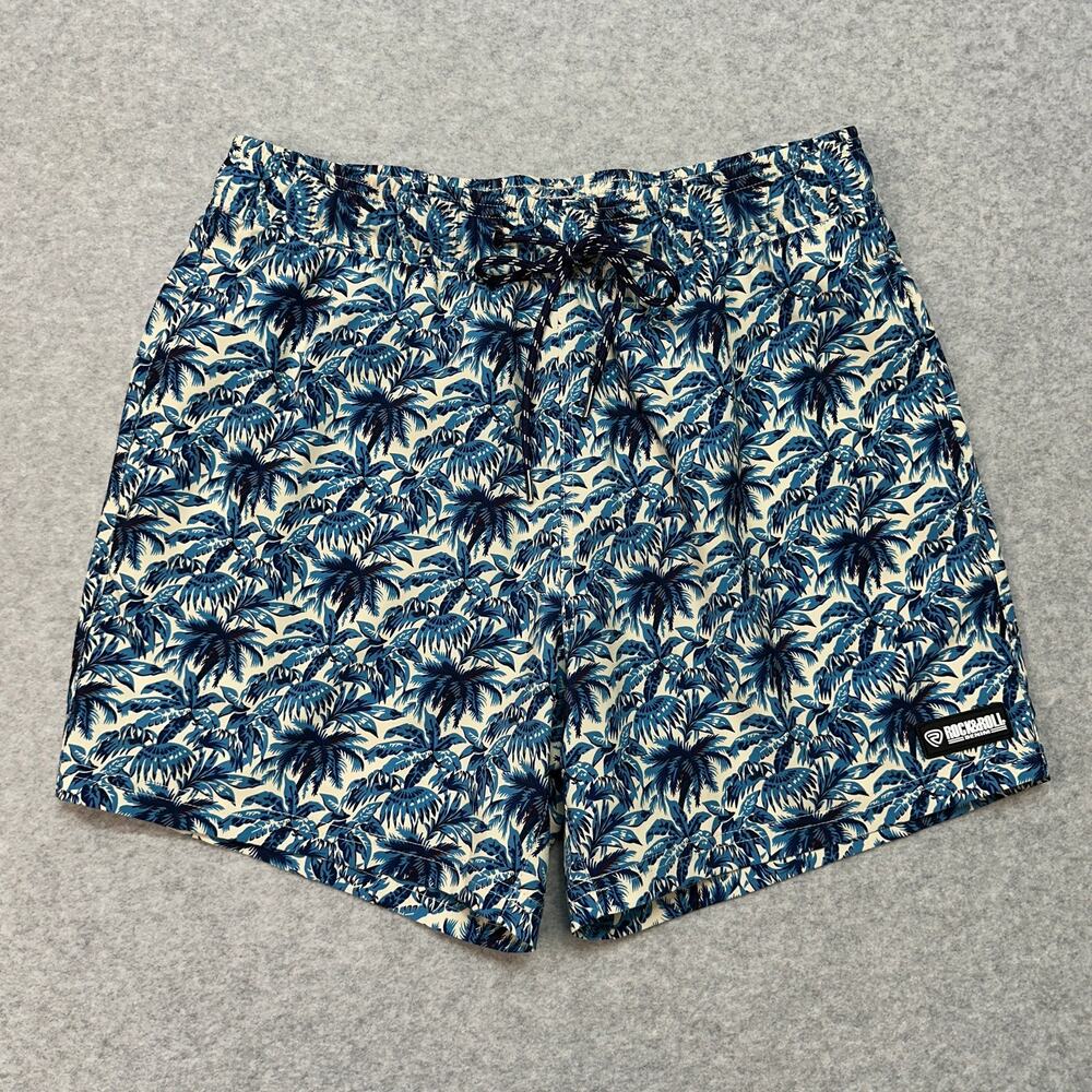 Rock & Roll Denim Swim Short Mens S Tropical Volley Blue Cream Stretch Pull On